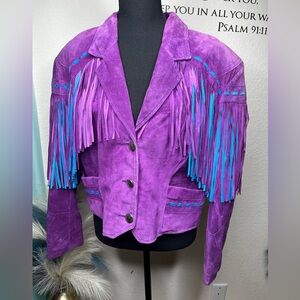 Vibrant Purple and Blue Fringe Leather Jacket
